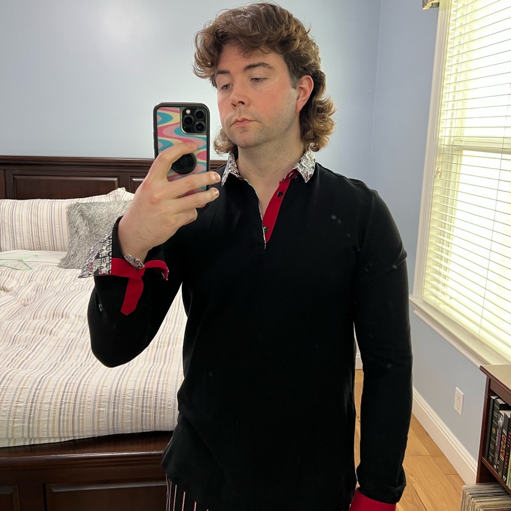 Maceoo Paris Men’s Size 4L Black Long Sleeve Polo With Accent Collar and Cuffs